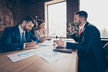 Profile side view portrait of three chic classy elegant stylish confident managers appointment brainstorming sales account director in loft industrial interior work place station