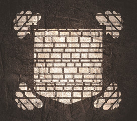 Fe text on shield with dumbbells. Image relative for gym and bodybuilding. Remastered iron chemical element tag. Bodybuilding club emblem. Ancient brick wall texture.