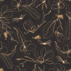 Modèle sans couture avec fleurs dorées et feuilles sur fond noir.