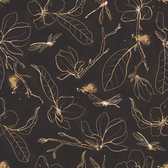 Behang Naadloze patroon met gouden bloemen en bladeren op zwarte achtergrond. © dinkoobraz