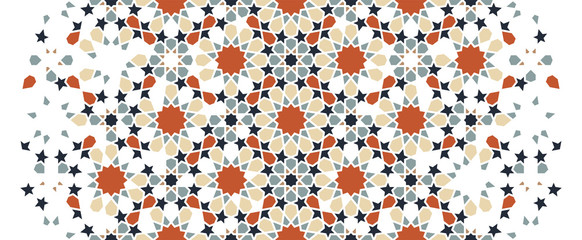 Fototapeta na wymiar Arabesque seamless vector pattern. Geometric halftone texture with color tile disintegration or breaking