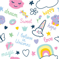 pattern with decorative elements rainbow, donut, ice cream, clouds, cupcake, butterfly