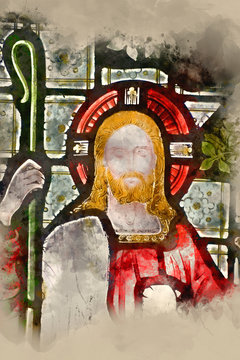 Watercolour painting of Detail of stained glass religious window in church