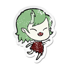distressed sticker of a cartoon laughing vampire girl
