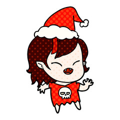 comic book style illustration of a laughing vampire girl wearing santa hat