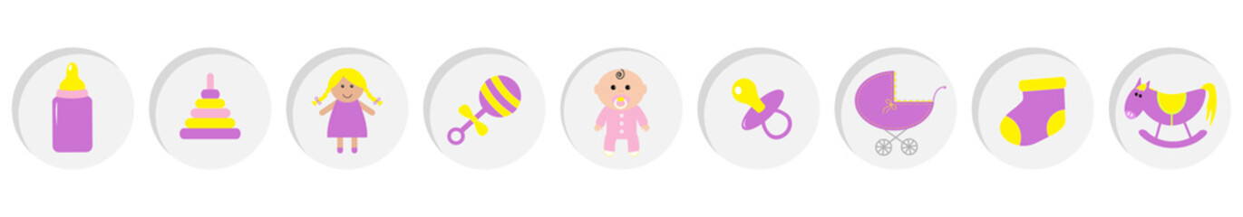 Baby girl shower card. Its a girl. Bottle, horse, rattle, pacifier, sock, doll, baby carriage pyramid toy. Round icon set line. Isolated. White background Flat design