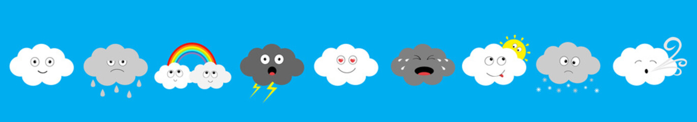 White dark cloud emoji icon set line. Fluffy clouds. Sun, rainbow, wind, rain drop, thunderbolt, storm lightning. Cute cartoon cloudscape. Different emotion Flat design Blues sky background