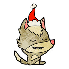 Fototapeta premium friendly textured cartoon of a wolf sitting wearing santa hat