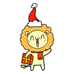 happy comic book style illustration of a lion wearing santa hat