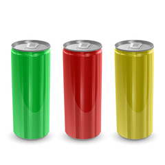 Set of Aluminum cans of yellow,green and red colors, isolated on white background. The image of the empty layout for your design, 3D vector Illustration