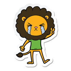 sticker of a cartoon crying lion giving peace sign