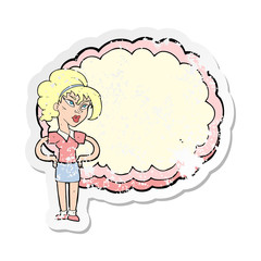 retro distressed sticker of a cartoon woman in front of cloud