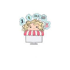 Blonde Hair Online Shopping Girl Isolated On A White Background Sale Money Hand Drawn Illustration
