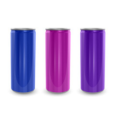 Set of Aluminum cans of Blue, Pink and Purple colors, isolated on white background. The image of the empty layout for your design, 3D vector Illustration