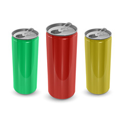 Set of Aluminum cans of yellow,green and red colors, isolated on white background. The image of the empty layout for your design, 3D vector Illustration