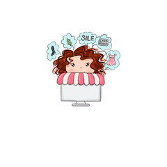 Red Hair Online Shopping Girl Isolated On A White Background Sale Money Hand Drawn Illustration