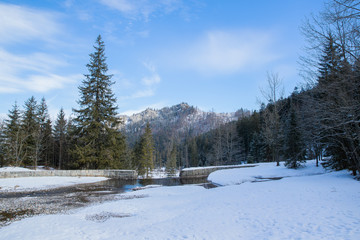 View on top of the mountains in the Zakopane area in Poland covered with fresh snow on the day with blue sky