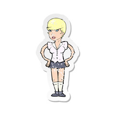 retro distressed sticker of a cartoon woman with hands on hips