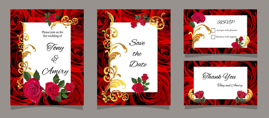Greeting card with red roses, for invitation, wedding, birthday and other holiday and summer background- Vector