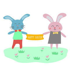 Obraz na płótnie Canvas Two cute easter bunny, Happy Easter. Vector illustration