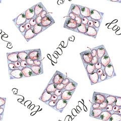 Watercolor set of berries in box seamless pattern