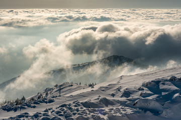 Obraz premium Landscape panorama of snowy mountains at Kopaonik, Serbia