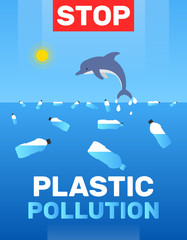 stop plastic pollution poster design.jumping dolphin among the floating bottles in the water