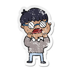 distressed sticker of a cartoon shocked boy wearing spectacles