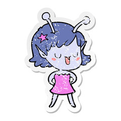 distressed sticker of a happy alien girl cartoon