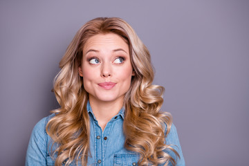 Close up photo funky amazing beautiful she her lady look up empty space feel sorry ponder pensive thoughtful thought dreamer wearing casual jeans denim shirt clothes outfit isolated grey background