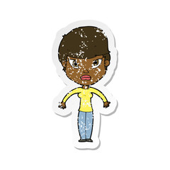 retro distressed sticker of a cartoon woman shrugging shoulders