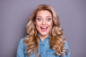 Close up photo amazing beautiful she her lady look big eyes open mouth unexpected lucky lottery money go shopping immediately wearing casual jeans denim shirt clothes outfit isolated grey background