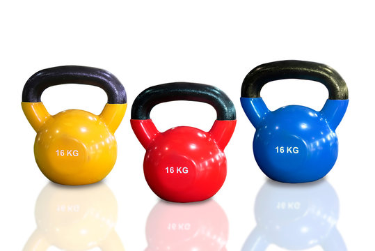 Yellow, Red, Blue colour  Kettlebells, Healthy, Primary colour Concept on White Background., - Image