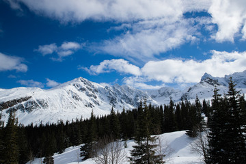 View on top of the mountains in the Zakopane area in Poland covered with fresh snow on the day with blue sky