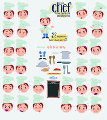 Cartoon character chef. Set with different postures, attitudes and poses, always in negative attitude, doing different activities in vector vector illustrations.