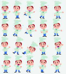 Cartoon character chef. Set with different postures, attitudes and poses, doing different activities in isolated vector illustrations.