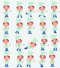 Cartoon character chef. Set with different postures, attitudes and poses, doing different activities in isolated vector illustrations.