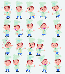 Cartoon character chef. Set with different postures, attitudes and poses, doing different activities in isolated vector illustrations.