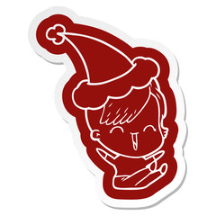 cartoon  sticker of a happy hipster girl wearing santa hat