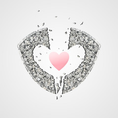 Stone shield destroys love in the form of a heart. Vector illustration.