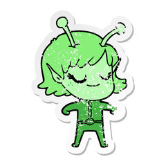 distressed sticker of a smiling alien girl cartoon