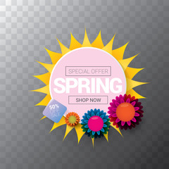 vector spring sale web banner isolated on transparent background. Abstract spring sale pink label or background with beautiful flowers and text
