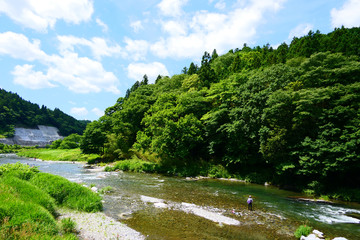 アユ釣りの名所、夏の気仙川。陸前高田　岩手　日本。７月上旬。