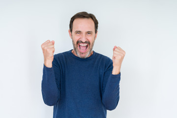 Fototapeta premium Elegant senior man over isolated background celebrating surprised and amazed for success with arms raised and open eyes. Winner concept.