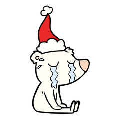 line drawing of a crying sitting polar bear wearing santa hat