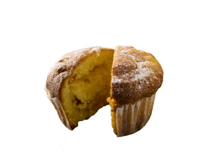 Lemon cake isolated on white background with powdered sugar.