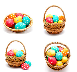 Fototapeta na wymiar Collection of photos perfect colorful handmade easter eggs in the basket isolated
