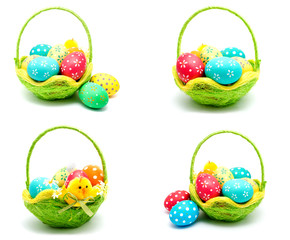 Collection of photos perfect colorful handmade easter eggs in the basket isolated