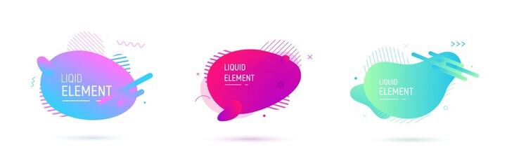 Abstract shape designs set. Vector liquid fluid elements. Gradient vector illustration with dots, lines and circles