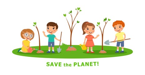 Vector cartoon scenes on environmental issues. Boys and girls for planting and watering trees.